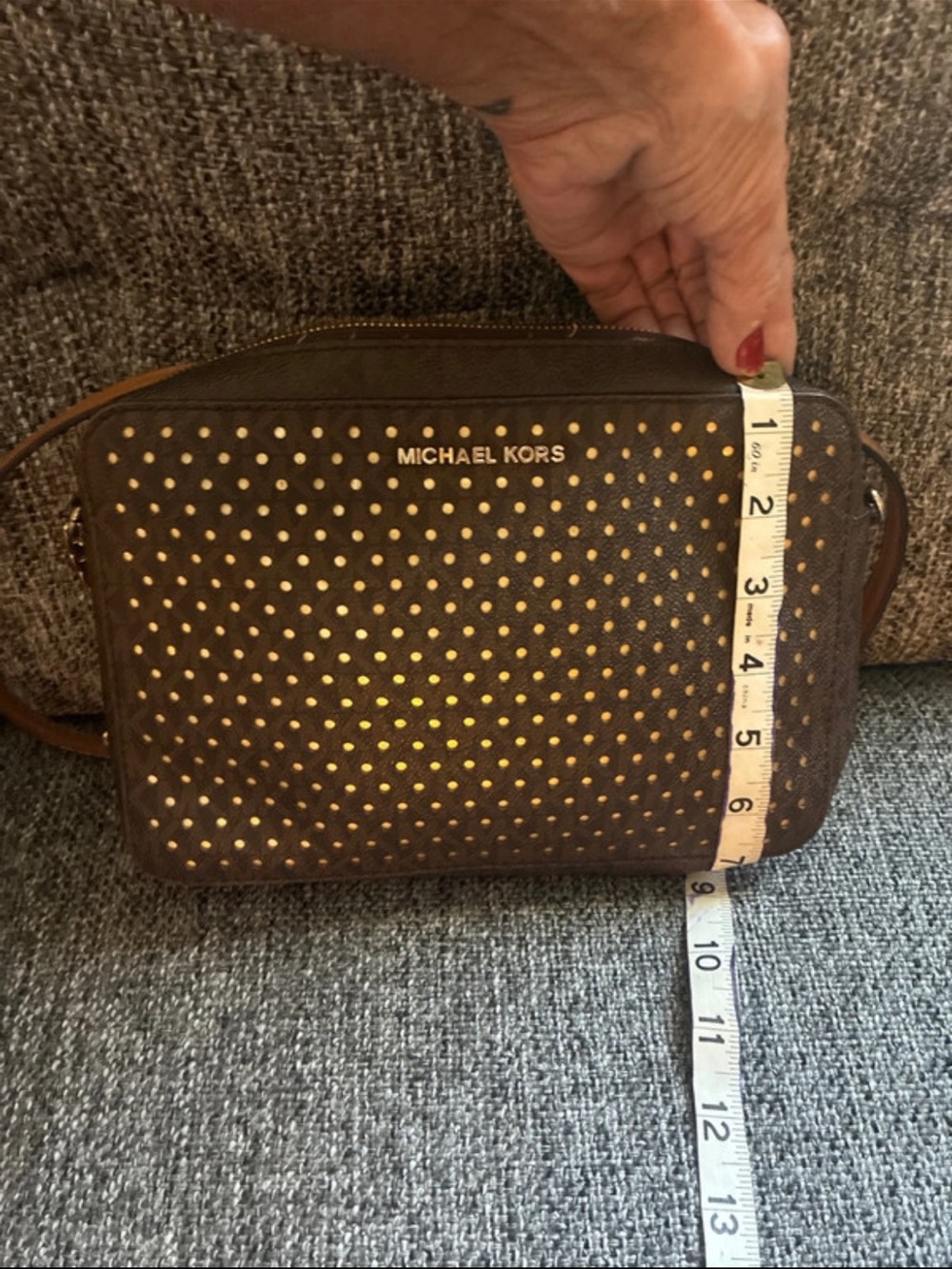 Michael Kors Brown Perforated Crossbody with Gold Studs